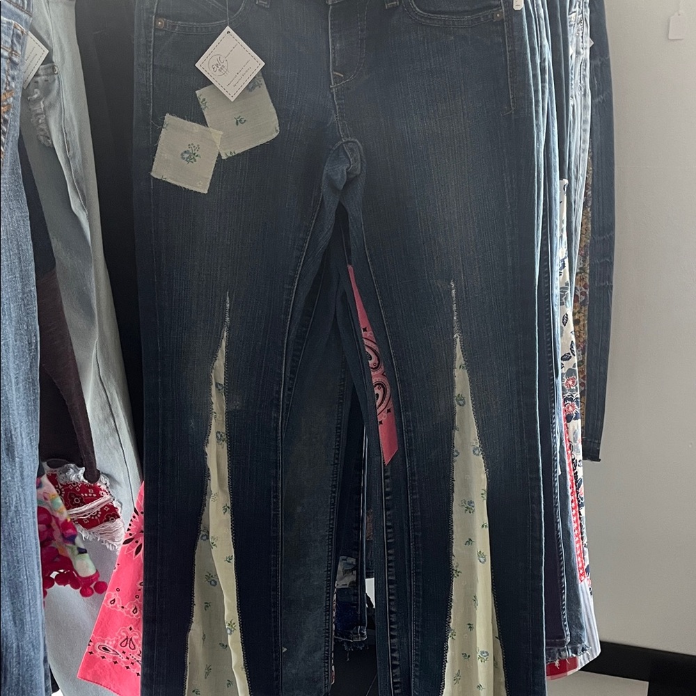 Diva Dark Blue Flare Jeans with Cream Floral Accents